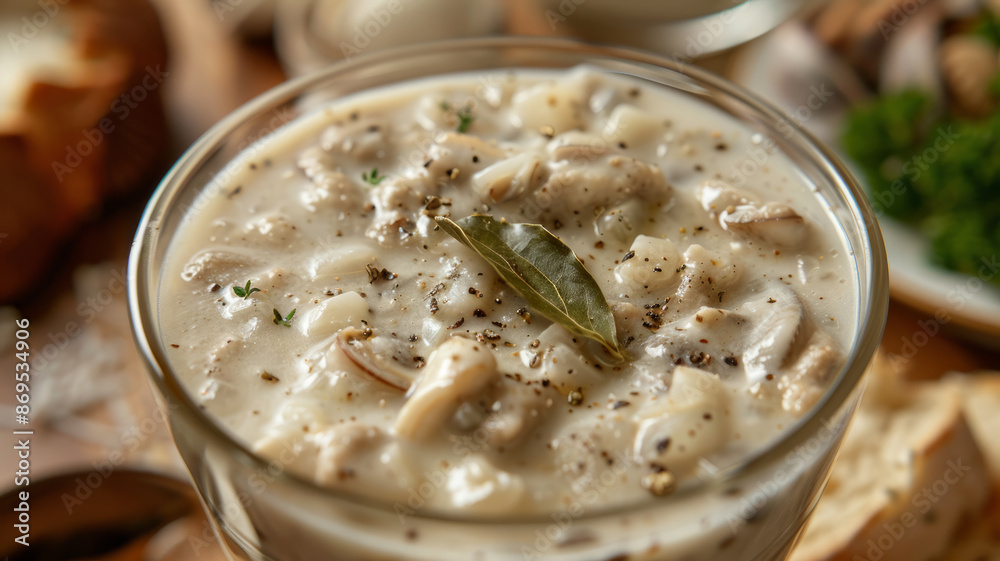 A bowl of creamy mushroom soup garnished with a bay leaf and herbs. A bowl of creamy mushroom soup garnished with a bay leaf and herbs.