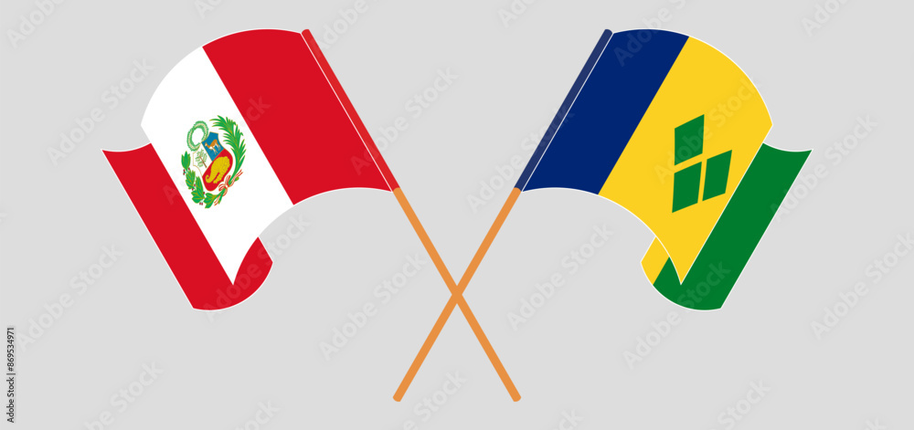 Crossed and waving flags of Peru and Saint Vincent and the Grenadines Crossed and waving flags of Peru and Saint Vincent and the Grenadines