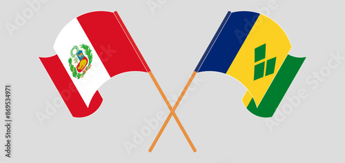 Crossed and waving flags of Peru and Saint Vincent and the Grenadines