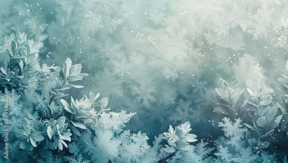 Frosty Winter Leaves and Snowflakes in a Blue Forest Frosty Winter Leaves and Snowflakes in a Blue Forest