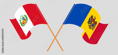 Crossed and waving flags of Peru and Moldova