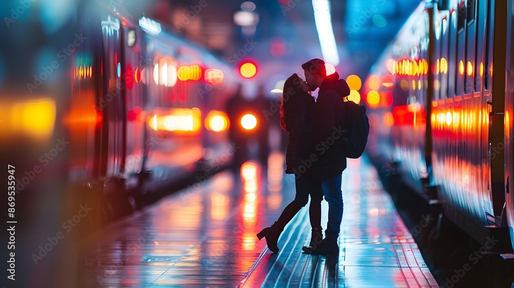 Fototapeta premium Romantic Embrace Under the Lights of a Bustling Train Station