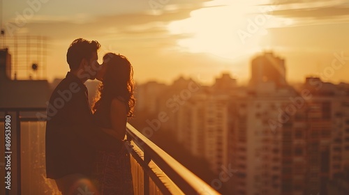 Silhouetted Couple Sharing an Intimate Embrace on a Balcony Overlooking the City at Sunset