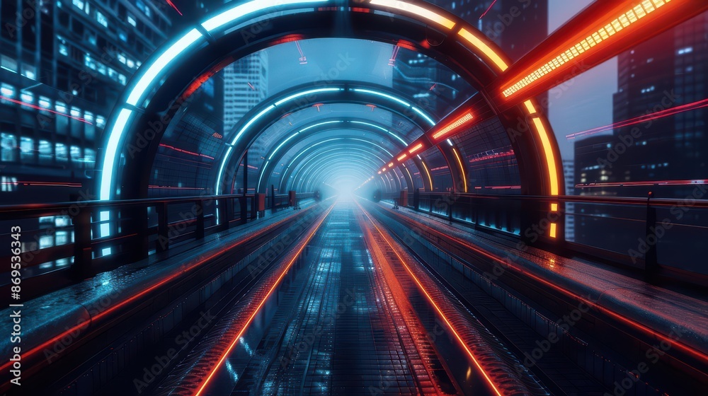 A teleport gate integrated into a bustling metropolis allows for instant transit between work, home, and leisure, revolutionizing urban mobility, with copy space A teleport gate integrated into a bustling metropolis allows for instant transit between work, home, and leisure, revolutionizing urban mobility, with copy space