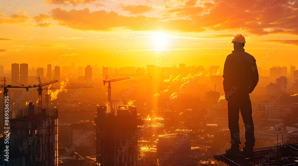 Fototapeta premium Hardhat Worker Silhouette at Twilight Overlooking Cityscape with Construction Cranes