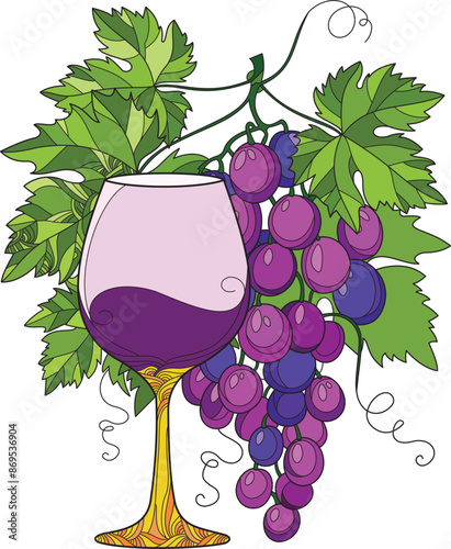Grape Juice Vector Illustration. Drink Vector Illustration. Grape Juice With Leaves Vector. Detailed Graphic Juice Abstract Art.