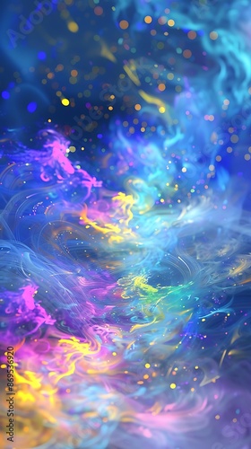 Digital art featuring an abstract scene with vibrant cyan, magenta, and yellow hues, and delicate smoke effects, creating a stunning visual.. photo