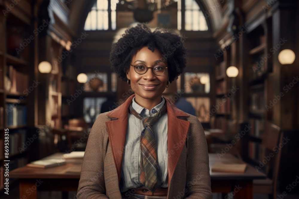 Fototapeta premium Portrait of a blissful afro-american woman in her 40s dressed in a water-resistant gilet while standing against classic library interior