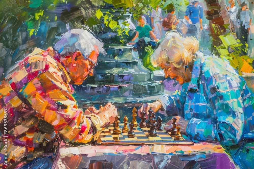 Fototapeta premium In a lively city park, old people gather to play chess, the peaceful setting, dotted with benches and greenery, provides a perfect backdrop for their strategic and social game