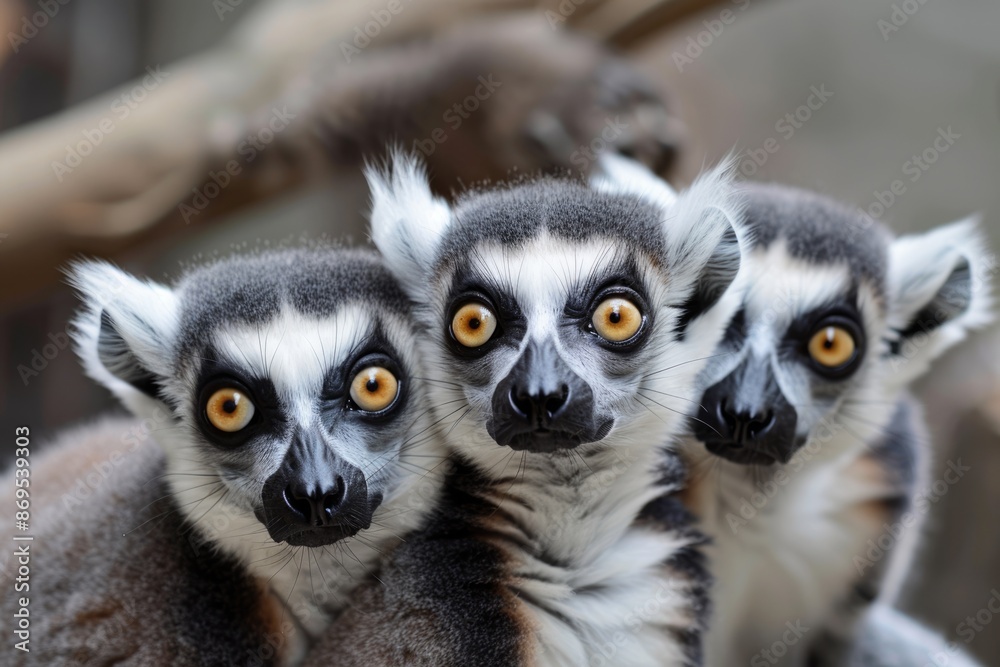 Fototapeta premium Lemurs: Three Furry Mammals in Nature Wildlife Habitat