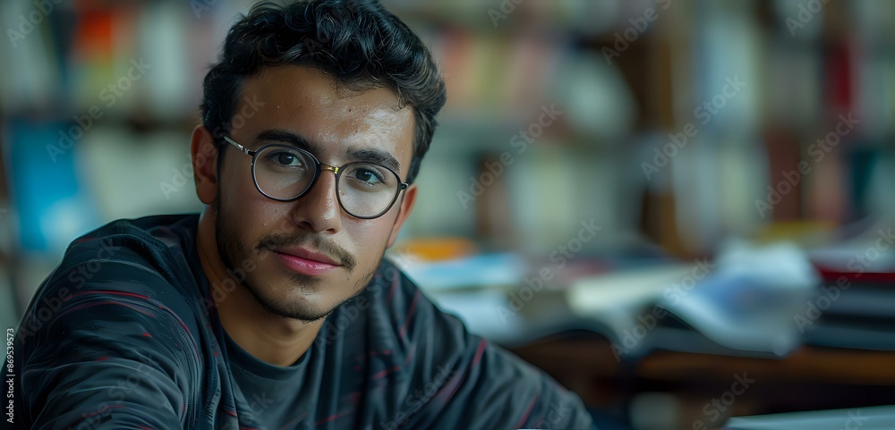 Portrait of a young man with glasses, sitting in a library, exuding a sense of focus and intellect. Perfect for themes of education, study, and academic life. Portrait of a young man with glasses, sitting in a library, exuding a sense of focus and intellect. Perfect for themes of education, study, and academic life.