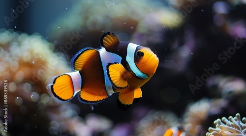 A Colorful Clownfish Swimming Near Coral in an Aquarium