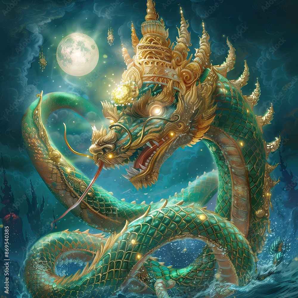 Fototapeta premium Majestic Naga Serpent Rising from the Depths: A Guardian Spirit of Water