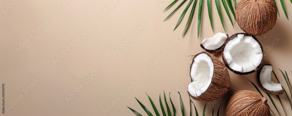A close up of a bunch of coconuts with the leaves in the background. The coconuts are cut open and the white flesh is visible. Concept of tropical paradise. Free copy space for text. A close up of a bunch of coconuts with the leaves in the background. The coconuts are cut open and the white flesh is visible. Concept of tropical paradise. Free copy space for text.