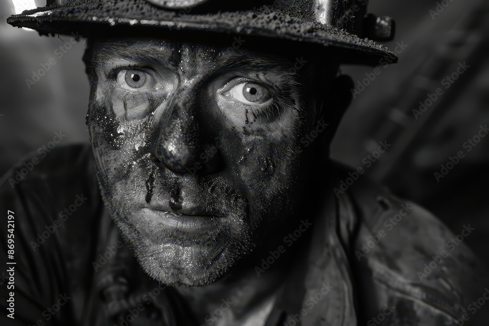 Documentary Photography of a coal miner covered in coal dust working in a coal mine, close-up Documentary Photography of a coal miner covered in coal dust working in a coal mine, close-up