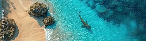 Documentary Photography of a crystal clear beach with a shark swimming near the shore, top-down wide view photo