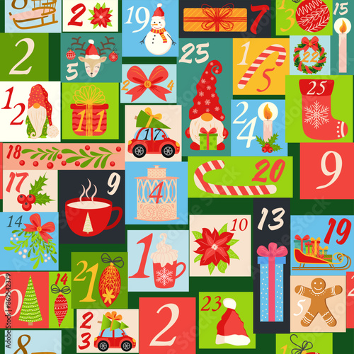 Christmas advent calendar seamless pattern with gnome, candy kane, mistletoe, cookies, holiday, candle, gift, box, Christmas wreath, boots, Christmas tree toy