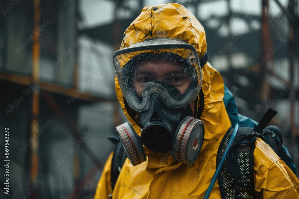 Documentary Photography of a worker in a hazmat suit entering a construction site, close-up Documentary Photography of a worker in a hazmat suit entering a construction site, close-up