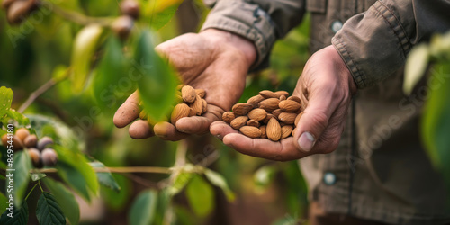 Farmer holding freshly harvested almonds in hands with green orchard background.