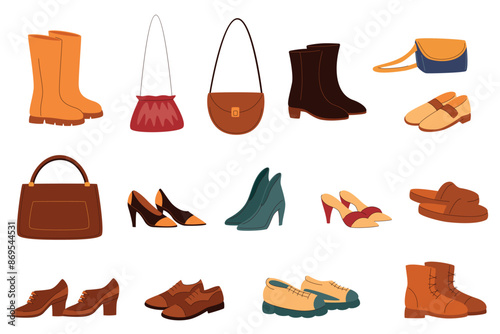 Collection of womens shoes and handbags. Various styles and colors. Fashion accessories vector illustration