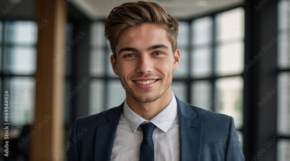 confident young businessman standing in front of a hap confident young businessman standing in front of a hap