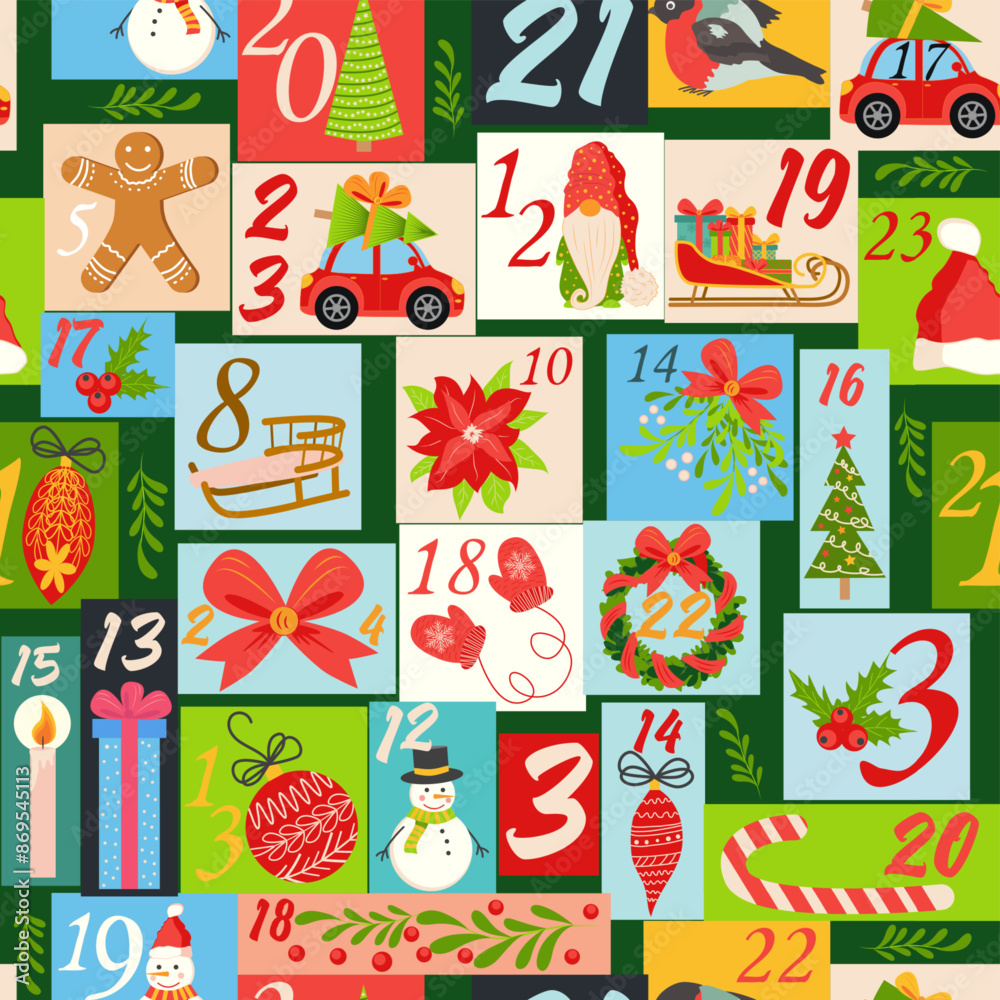 Christmas advent calendar seamless pattern with gnome, candy kane, mistletoe, cookies, holiday, candle, gift, box, Christmas wreath, boots, Christmas tree toy Christmas advent calendar seamless pattern with gnome, candy kane, mistletoe, cookies, holiday, candle, gift, box, Christmas wreath, boots, Christmas tree toy
