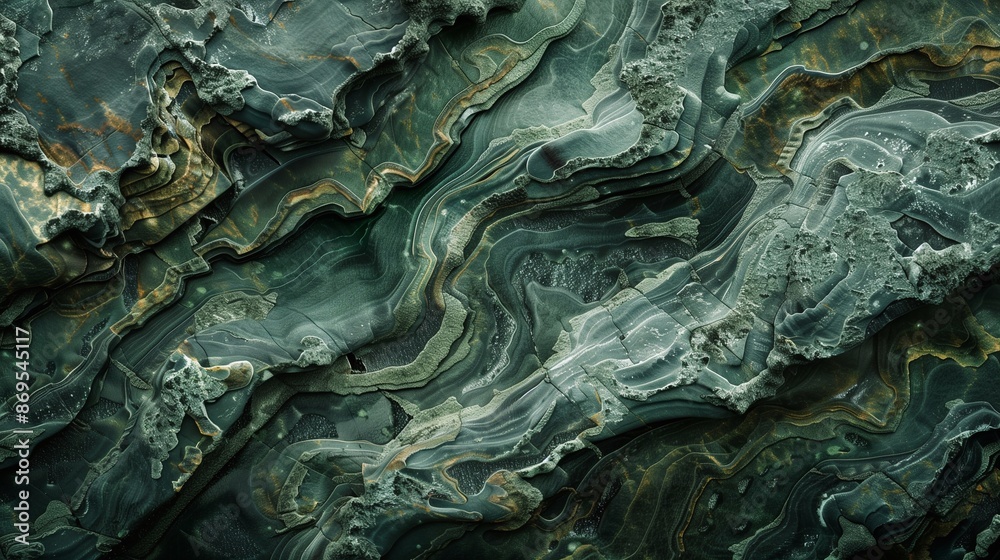 Closeup of dark green serpentine stone with intricate layers and gold veining. Closeup of dark green serpentine stone with intricate layers and gold veining.