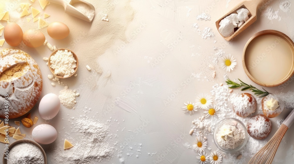 Fototapeta premium Bakery Ingredients And Tools, Ready For Baking