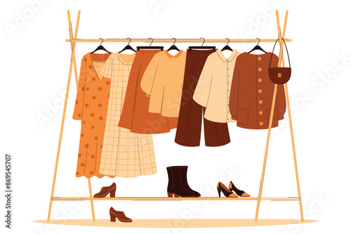 Clothes hanger, clothing organization concept. Clothes, shoes, bags. Vector illustration isolated on white background