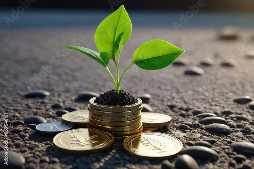 Seedlings grow in coins on the ground, investment for a green earth, money to invest