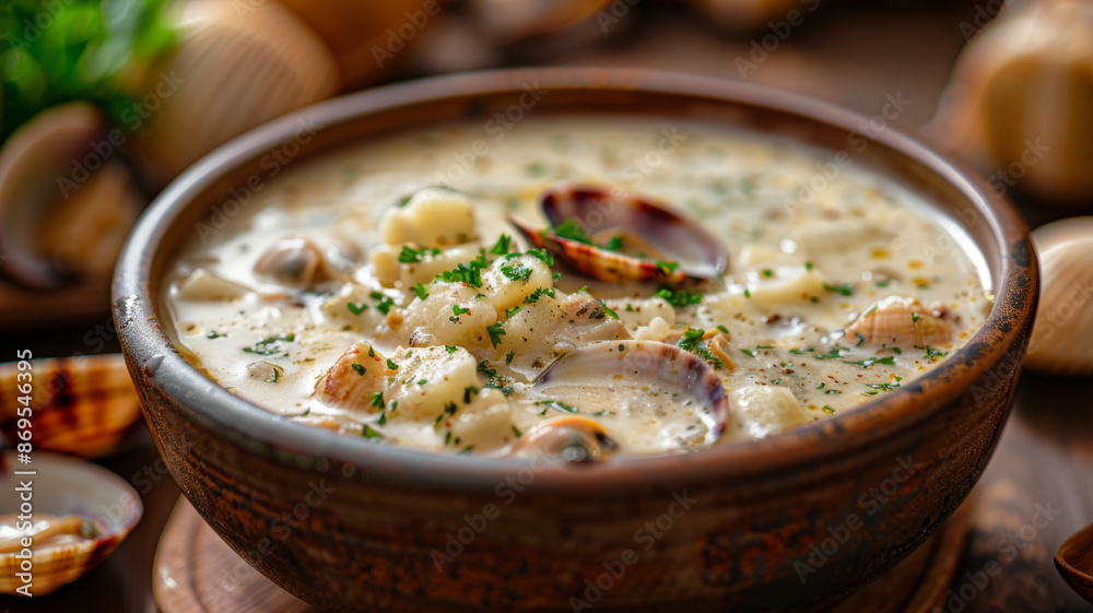 A steaming bowl of creamy clam chowder garnished with parsley.