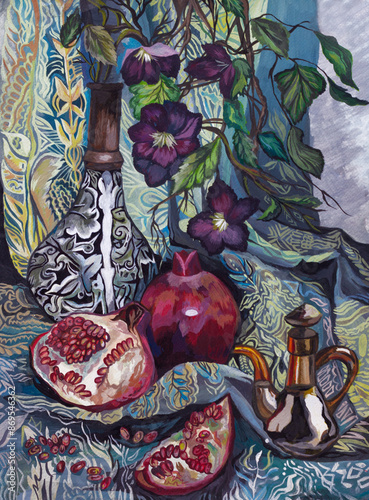 Still life on the table decanter  with pomegranate. Painted with paints.