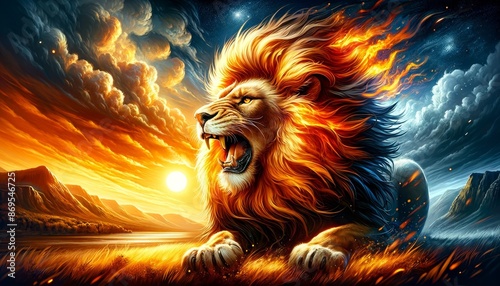 Fiery lion at sunset