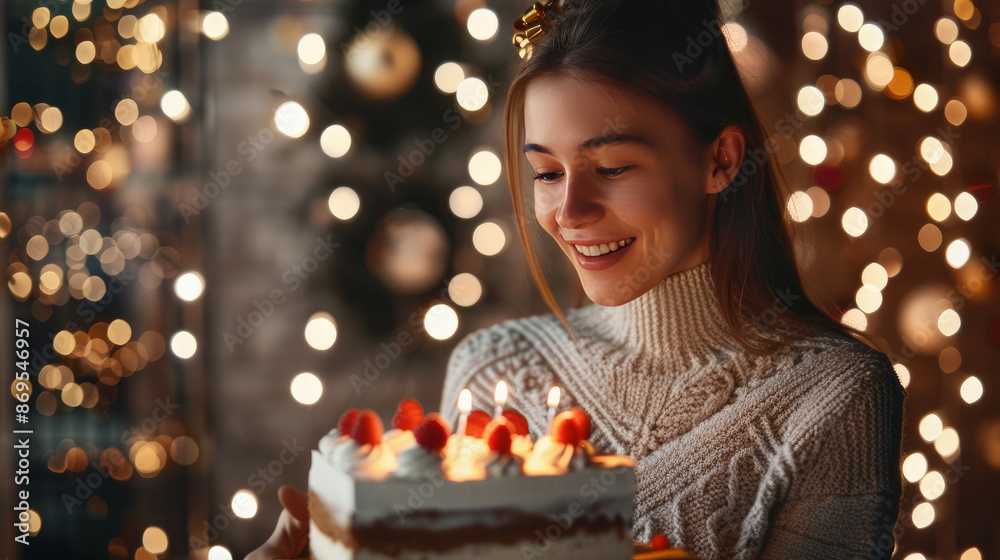 Female enjoying birthday cake with a gift in front of glistening lights. Age: 24. Additional text can be added. Female enjoying birthday cake with a gift in front of glistening lights. Age: 24. Additional text can be added.