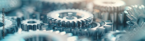 A bunch of interlocking gears with a soft-focus light in the background. photo