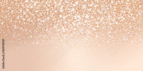 Rose gold bronze glitter lights background. Sparkling champaigne glittering rain effect. Celebration beige backdrop for Christmas and New Year, wedding, birthday party. Luxury frame, border. Vector.