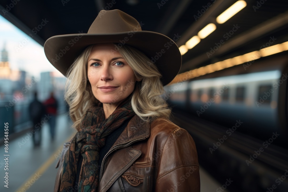 Portrait of a glad woman in her 50s wearing a rugged cowboy hat on modern city train station Portrait of a glad woman in her 50s wearing a rugged cowboy hat on modern city train station