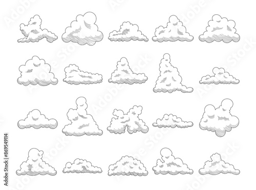 Cumulus cloud. Coloring Page. Sky air symbol. Vector drawing. Collection of design elements.