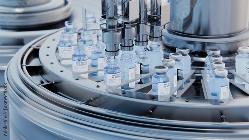 Drug manufacturing process. Line with medical ampoules line at a modern pharmaceutical plant. Pharmacology production, medicine industry from laboratory factory, pharmacy. Healthcare pharma 3D render