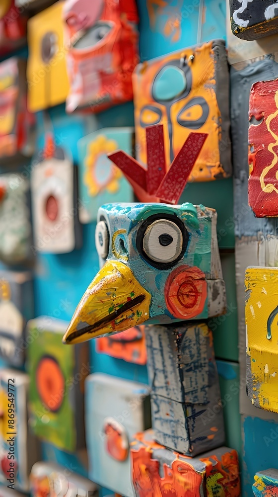 Fototapeta premium Vibrant Showcase of Imaginative Student Art Projects in Elementary Classroom Bulletin Board