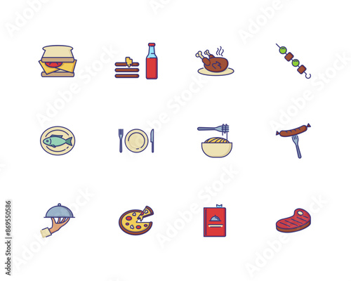 Cafe and food icons. Set of line icons on white background. Wine bottle, pizza, plate, chicken. Vector illustration can be used for topics like restaurant, cafes, food