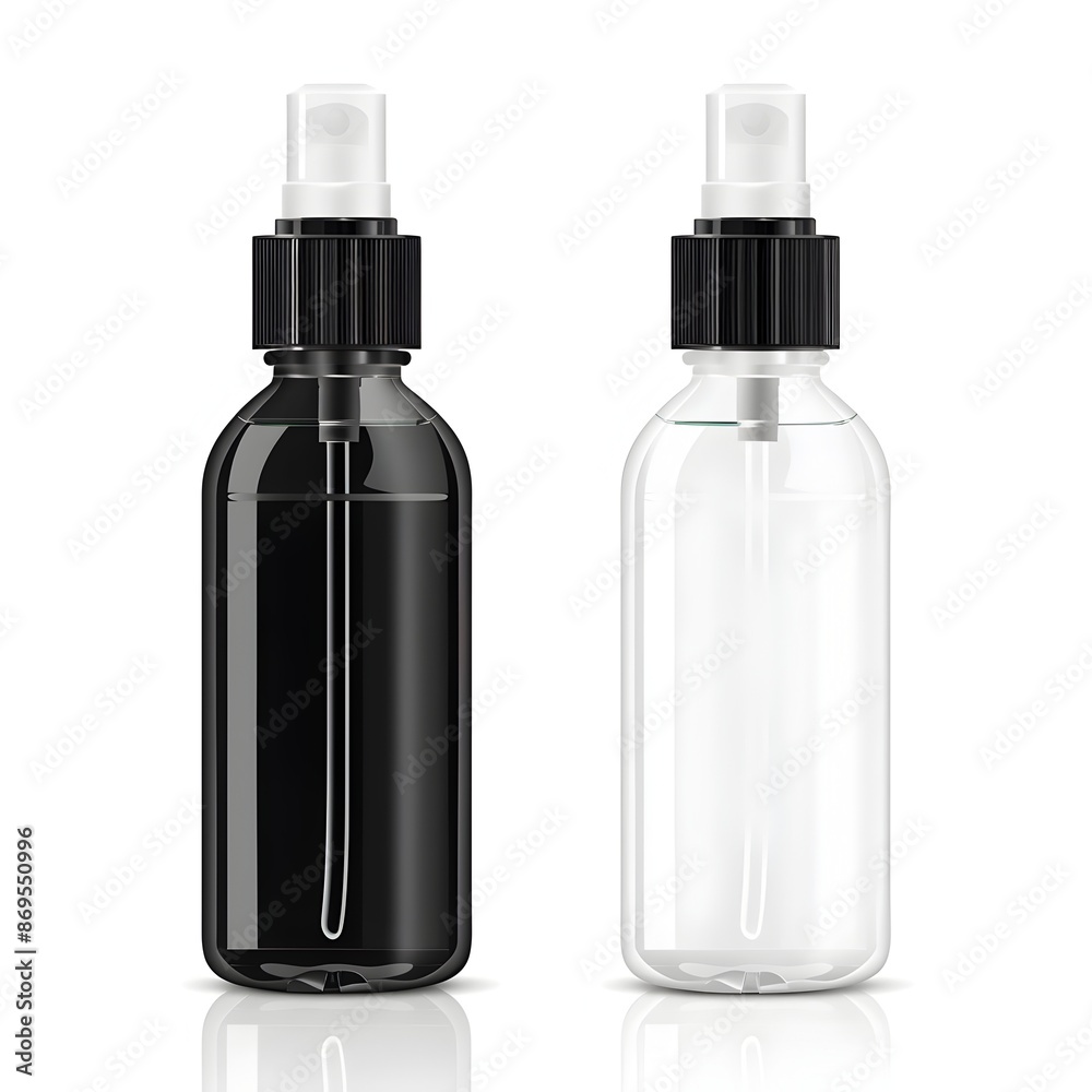 Spray Glass Bottles Mockup with White and Black Caps for Cosmetic Medical and Sanitary Product Displays Spray Glass Bottles Mockup with White and Black Caps for Cosmetic Medical and Sanitary Product Displays