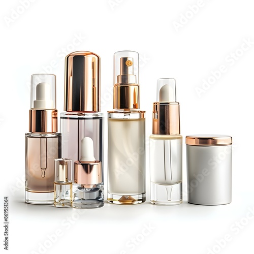 Elegant Cosmetic Bottles with Luxury Skincare Products on White Background