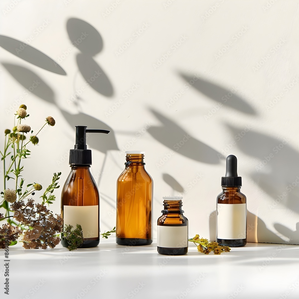 Artisanal Organic Skincare Products with Botanical Infusions on Minimalist White Background