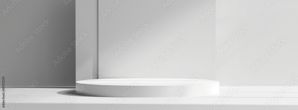The serene white podium is softly illuminated by a sunbeam, providing a minimalist ambiance suitable for showcasing products or presentations. Its clean design encourages focus and tranquility