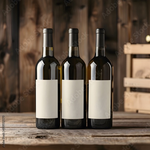 Three Eco Friendly Wine Bottles with Plain Labels on Wooden Backdrop