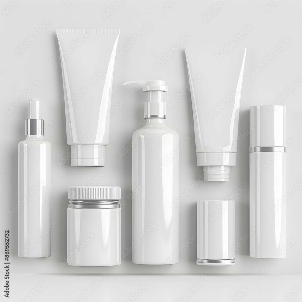 Assortment of White Cosmetic Bottles Tubes and Jars on Plain Backdrop for Branding and Packaging Mockup Assortment of White Cosmetic Bottles Tubes and Jars on Plain Backdrop for Branding and Packaging Mockup