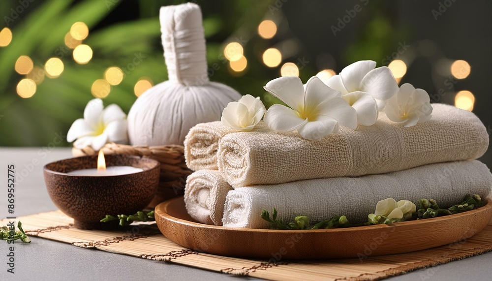 Obraz premium Envision a tranquil spa ambiance with soft candlelight, luxurious towels, aromatic scents, and delicate petals strewn about.