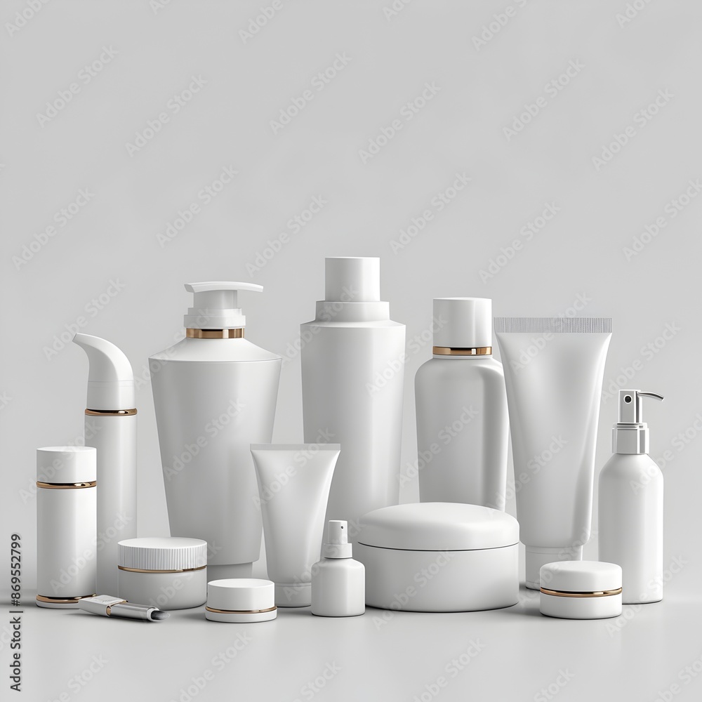 Collection of White Cosmetic Products on Plain Background Blank Packaging Mockup Set Collection of White Cosmetic Products on Plain Background Blank Packaging Mockup Set