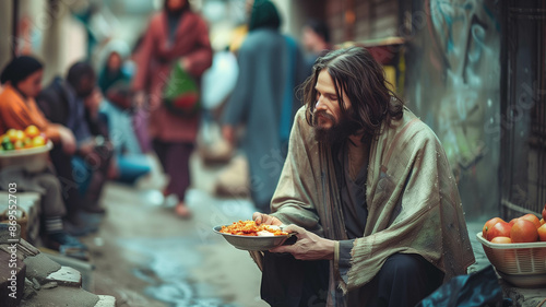 A busy city street, Jesus kneels to help a begga photo